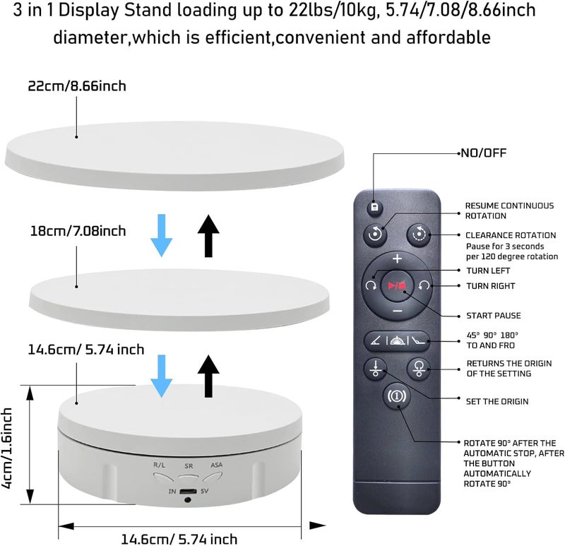 JAYEGT 3in 1 Motorized Rotating Display Stand with 5.74/7.08/8.66 inch Replacement Cover，Max 22lbs Load, 360 Electronic Turntable for Photography Products (3 in1 / White/with Remote Controller) - Image 2